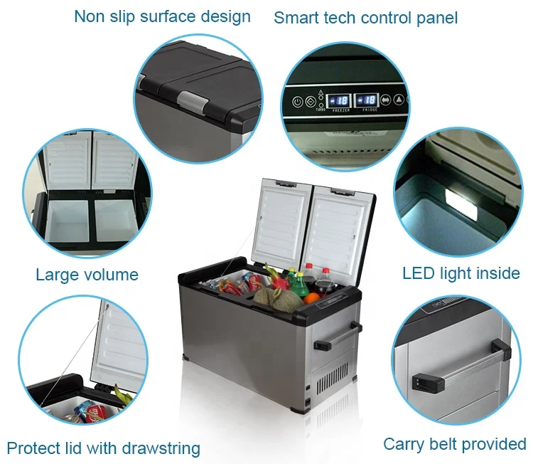 ตู้เย็นแช่แข็งแบบพกพา 60 ลิตร (ช่องแช่แข็ง 21 ลิตร ช่องแช่เย็น 39 ลิตร) ใช้ไฟ DC AC 12V สำหรับเรือ รถยนต์ เหมาะสำหรับการตั้งแคมป์