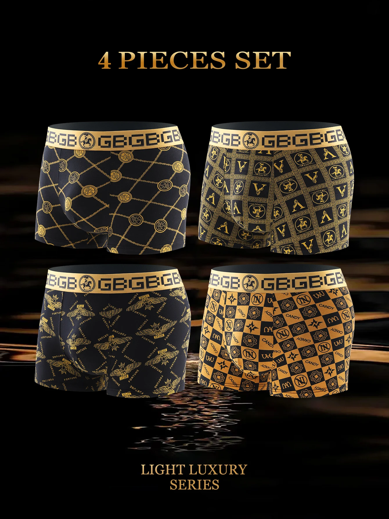 4pcs/multi-style men\'s underwear, black and gold printed boxer briefs, trendy personality briefs men\'s comfortable boxers