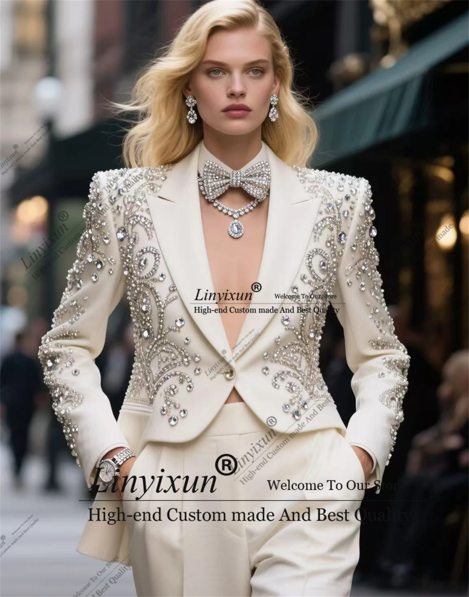 الراقية مخصصة المرأة البدلة 2 قطعة pyjasк feminski سليم الماس كريستال فاخر الملابس النسائية مجموعة بناطيل رجالي tailleur