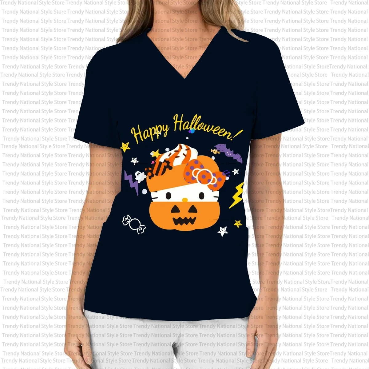 New Summer Scrub Top Halloween Hello Kitty Print Women's V-Neck Short-Sleeved T-Shirt Hospital Dental Pet Shop Nursing Uniform