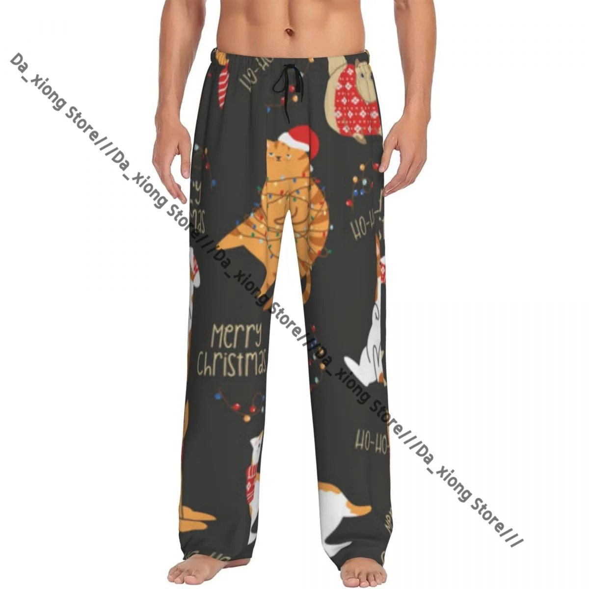 

Мужские штаны для сна, мужские брюки для отдыха, мужские забавные толстые кошки в рождественских костюмах, пижамные штаны с котятами