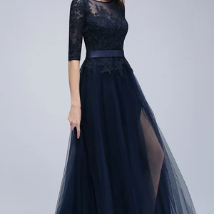 Azul marinho renda vestidos de noite longos elegante meia manga apliques tule formal festa baile vestido sem costas com cinto robe de soiree 10 principais vendas vestido longo de festa bordado - №7