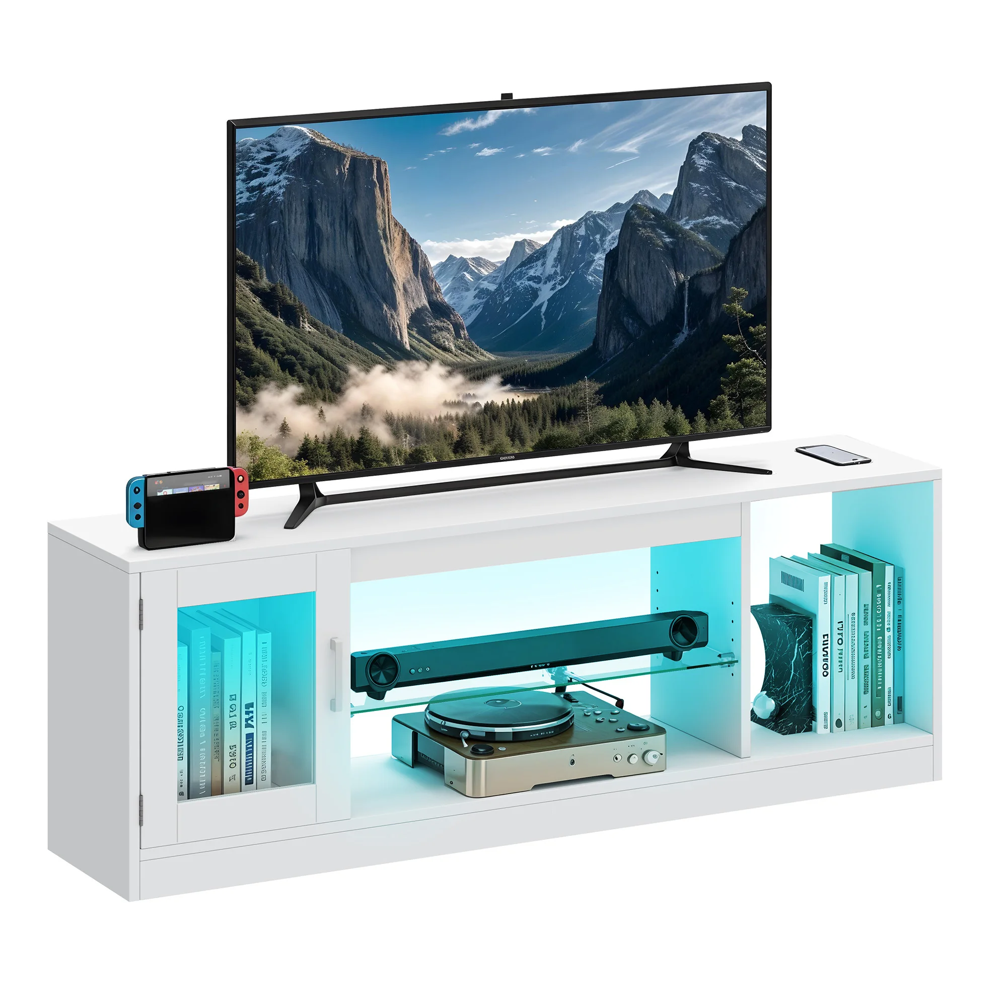 YITAHOME Meuble TV 65 pouces - Meuble moderne avec étagères en verre ouvertes pour salon, jeu, couloir et chambre à coucher