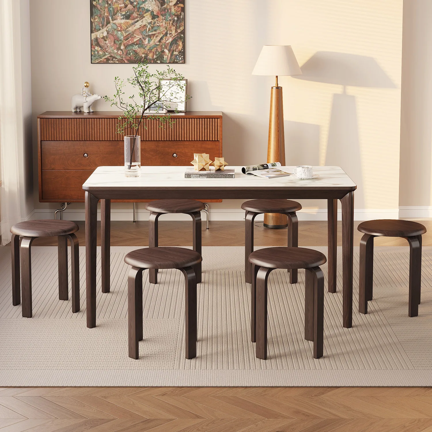 Dining table stool, wooden stool, stackable round stool, modern and simple household dining table stool, living room high chair