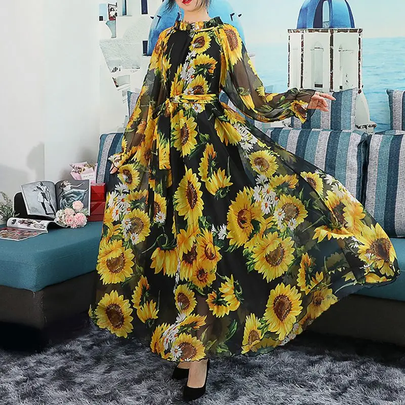 2023 Boho Beach Sunflower Print Maxi Dress Fashion Women Long Dress Full Sleeve Party Holiday Muslim Travel Photo Vestidos Robe