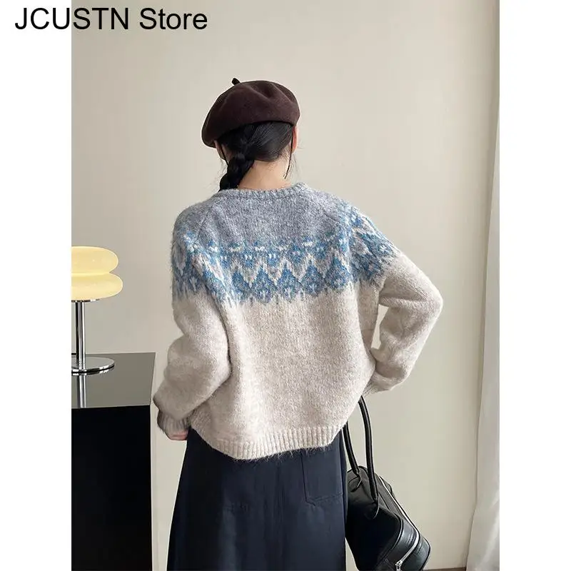 2024 autunno inverno comodo maglione femminile spesso casual vestibilità ampia girocollo donna maglione Fair Isle va con tutto