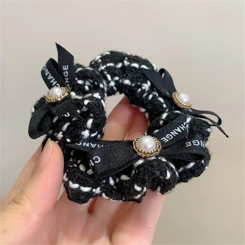 Black White Hair Rope Pearls Bownot Hair Ties for Girl Ponytail Elastic Rubber Scrunchies Fashion Hair Accessories