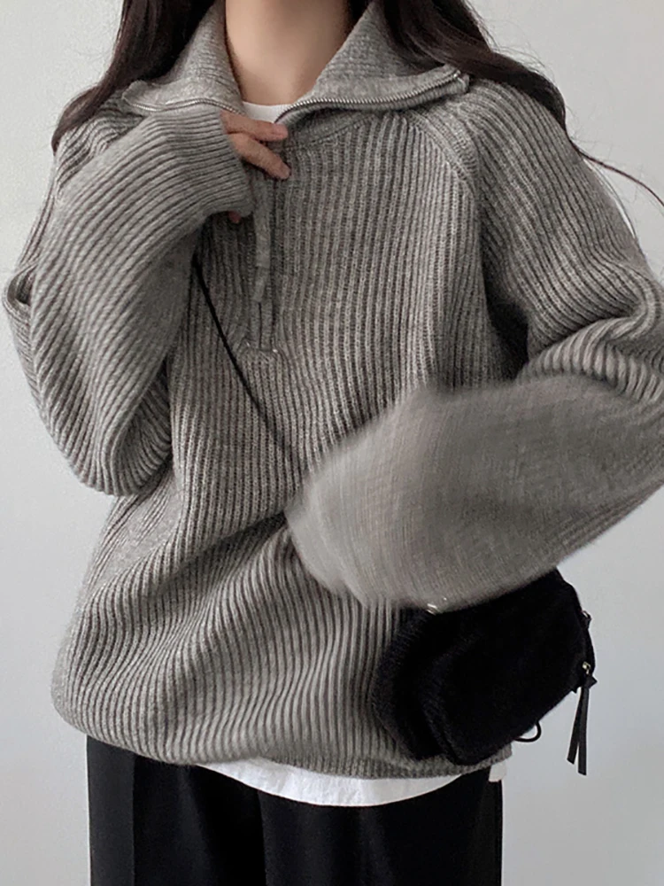 AOSSVIAO Turtleneck Women Sweater 2024 Fashion Stripe Loose Zipper Knitting Sweaters Vintage Long Sleeve Female Pullover Tops