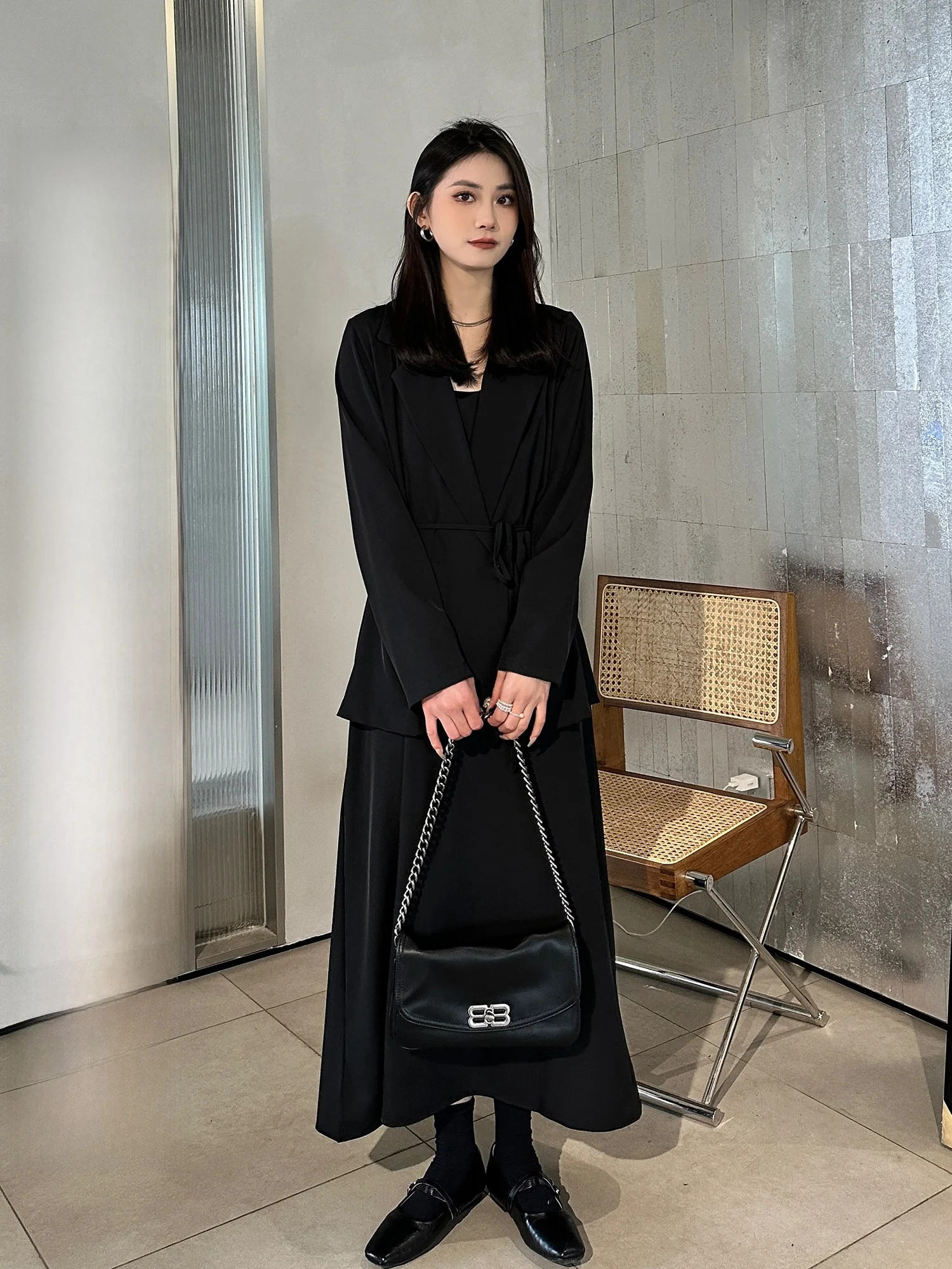 

Ele Casual Two-Piece Suit Dr Set for Women in Bla Color Spring Summer New Arrival Faionable V-Ne Long Sve