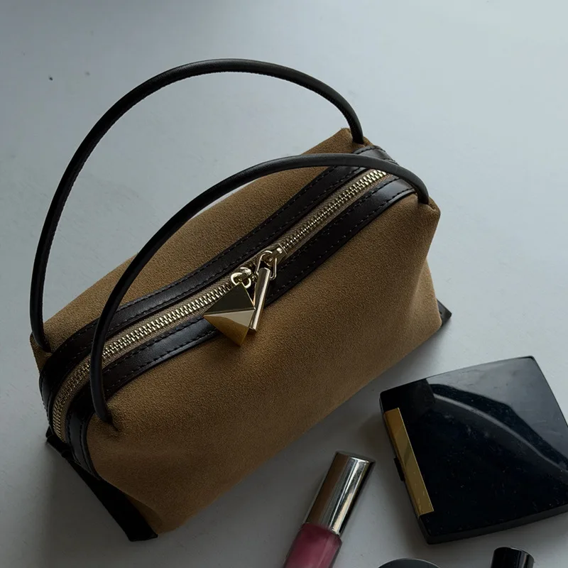 Women Mini Faux Suede Boston Handbag Retro Small Cylinder Cosmetic Bag Double Thin Top Handle Zipper Decor Shoulder Handbag