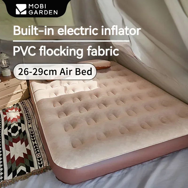 MOBI GARDEN-alfombrilla de aire para acampar, cama inflable doble, cojín grueso de 26-29cm, bomba de inflado eléctrica integrada, portátil para exteriores