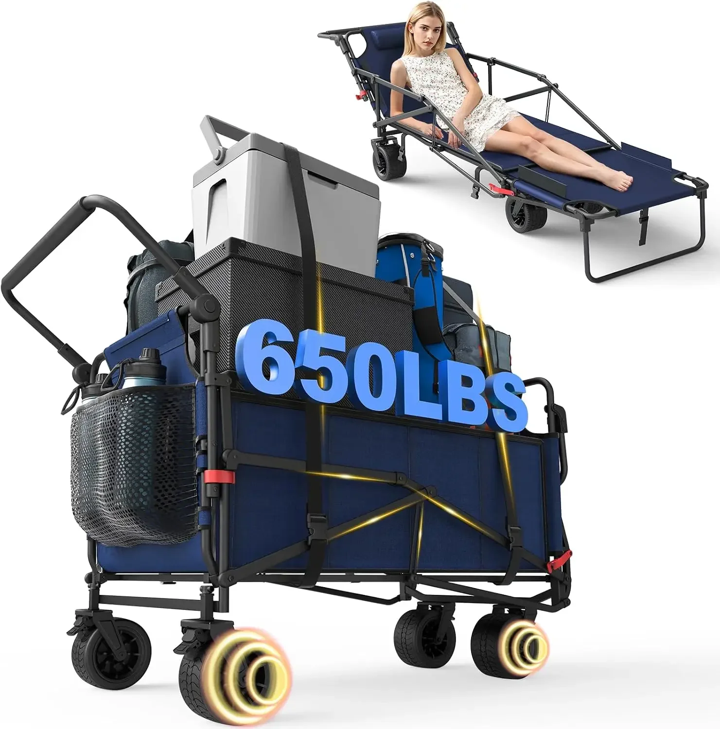 Heavy Duty Folding Wagon - 2-in-1 Collapsible Cart, 650lb Capacity, All-Terrain Wheels w/Brakes & Side Pockets (Blue)