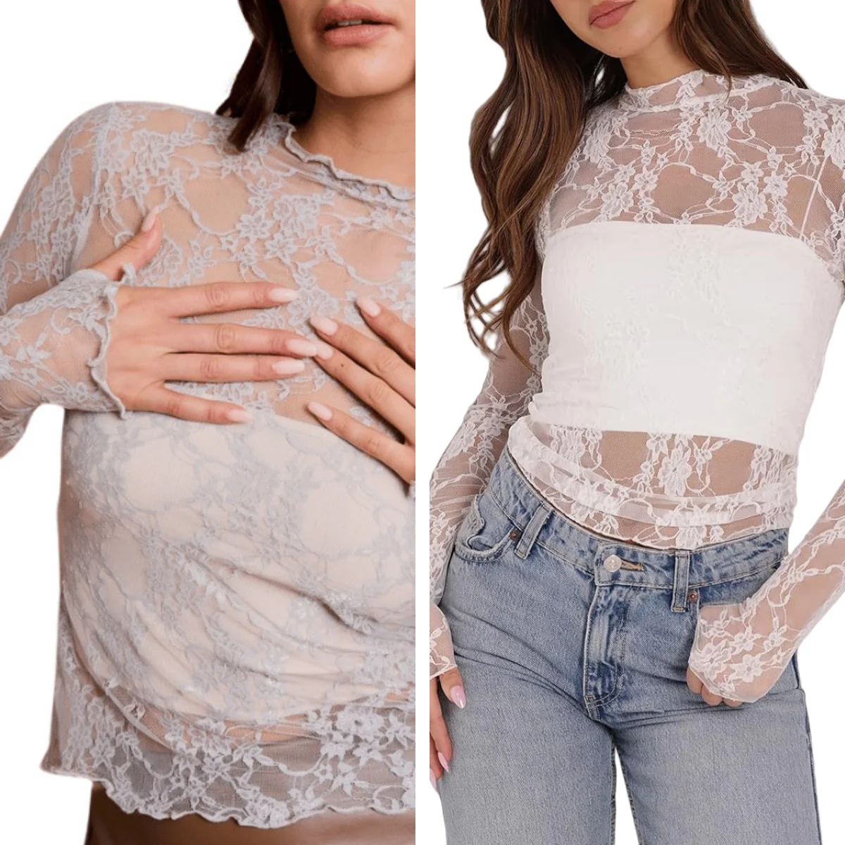Women's See Through Black Sheer Floral Lace Tops Casual Roll Mock Neck Long Sleeve Mesh Blouses Slim Fit Shirt
