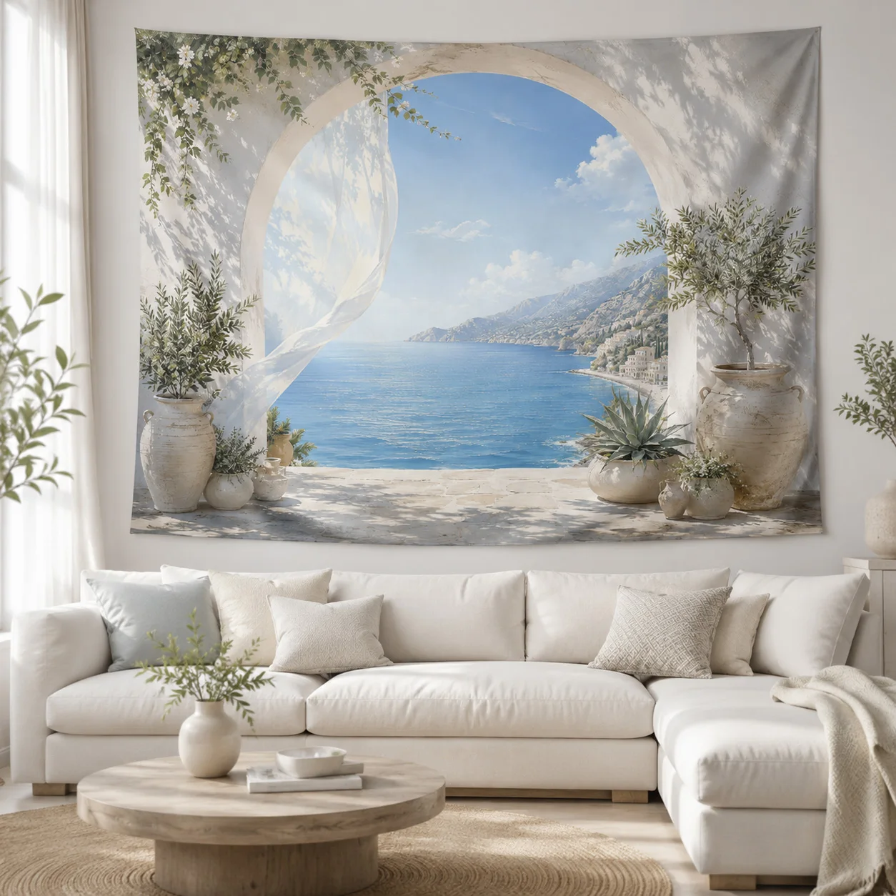 Mediterranean Sea Arch Window Tapestry Coastal Landscape Wall Hanging Aesthetic Bedroom Home Decor