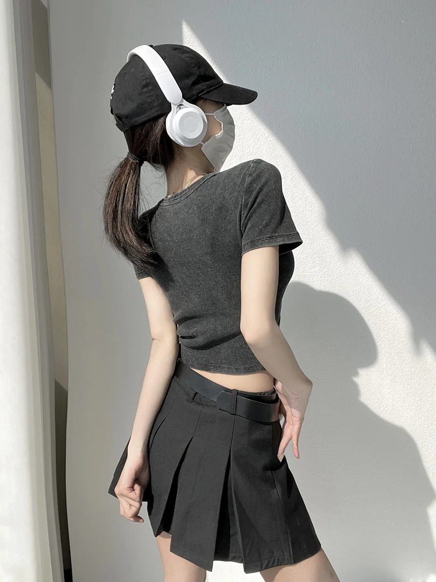 Retro Washed Short Sleeve round Neck T-Shirt Women's Spring Summer New Style Good Wear Design Short Quilted Slim Fit Top