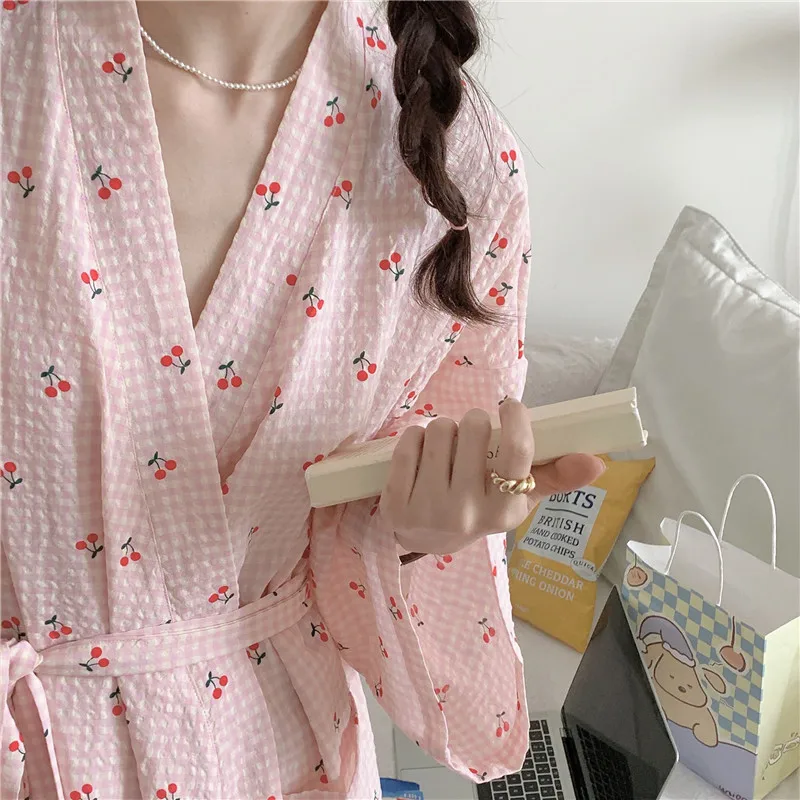 Light and Fresh Plaid Cherry Casual Robe Sleepdress Nightwear for Women, Spring and Autumn Long Sleeve Bathrobe Homewear, Summer