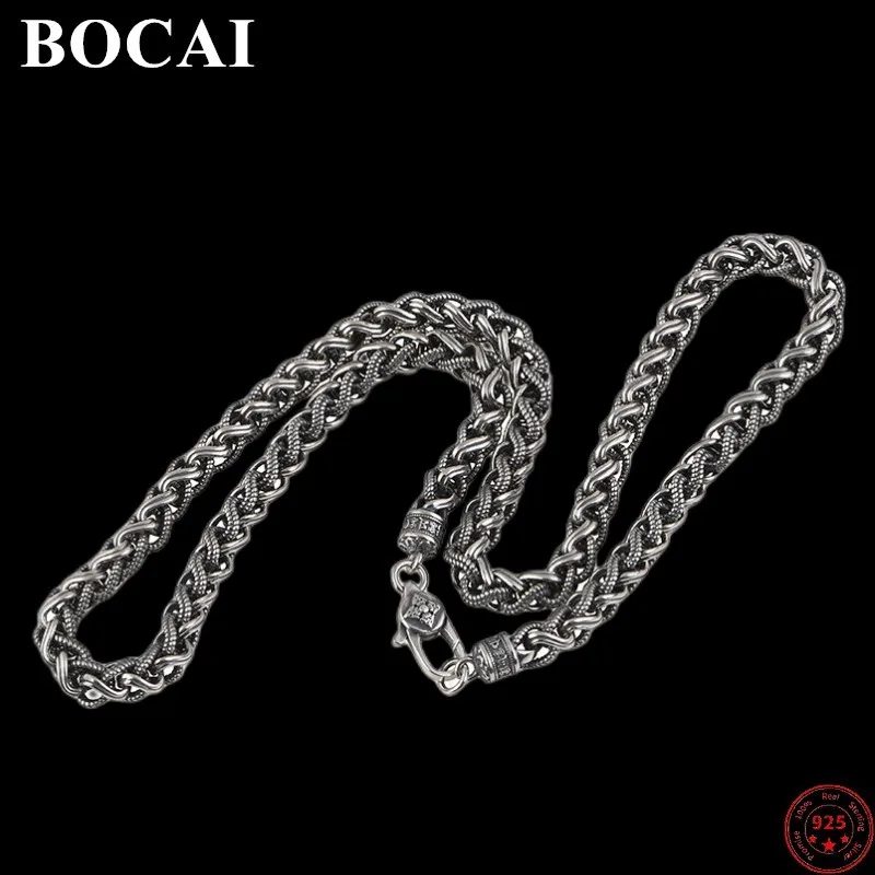 

BOCAI S925 Sterling Silver Necklaces for Men New Fashion Six Syllable Mantra Vajra Pestle 7mm Weaven-Chain Argentum Jewelry