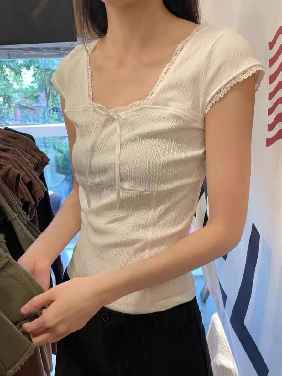 

Lace Trim White Slim Crop Top For Woman Short Sleeve Square Neck Bow Cotton Sweet Cute T-Shirt Summer Fairycore Chic Y2k Tops