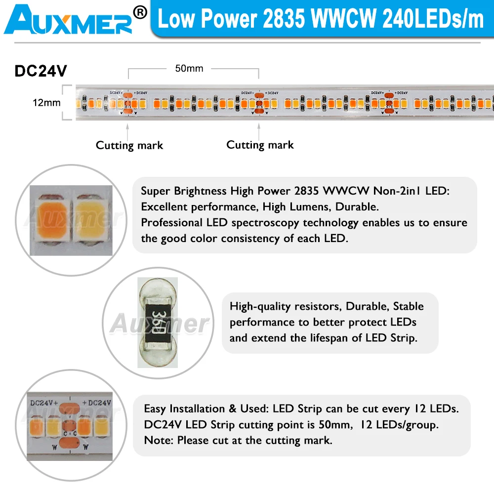 Low Power 2835 WWCW LED Strip Lights,CCT 240LEDs/m 19.2W/m,IP65 Waterproof,CRI95/90 24V,Diode Tape Color Temperature Adjustable