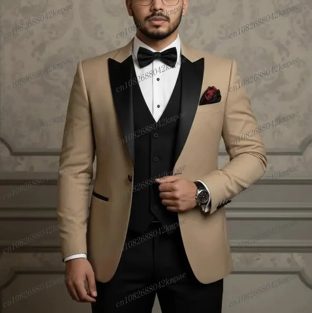 

Новый бежевый и черный деловой мужской костюм для жениха, жениха, свадебной вечеринки, выпускного вечера, деловые мужские смокинги, комплект из 3 предметов, пиджак, жилет, брюки