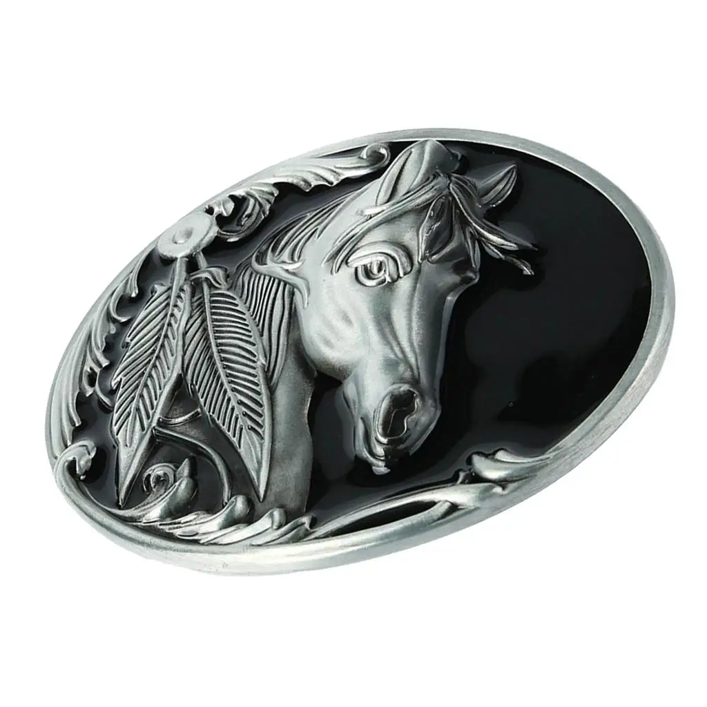 Enbossed Horse Head Oval Belt Buckle With Engraved Retro Leaf