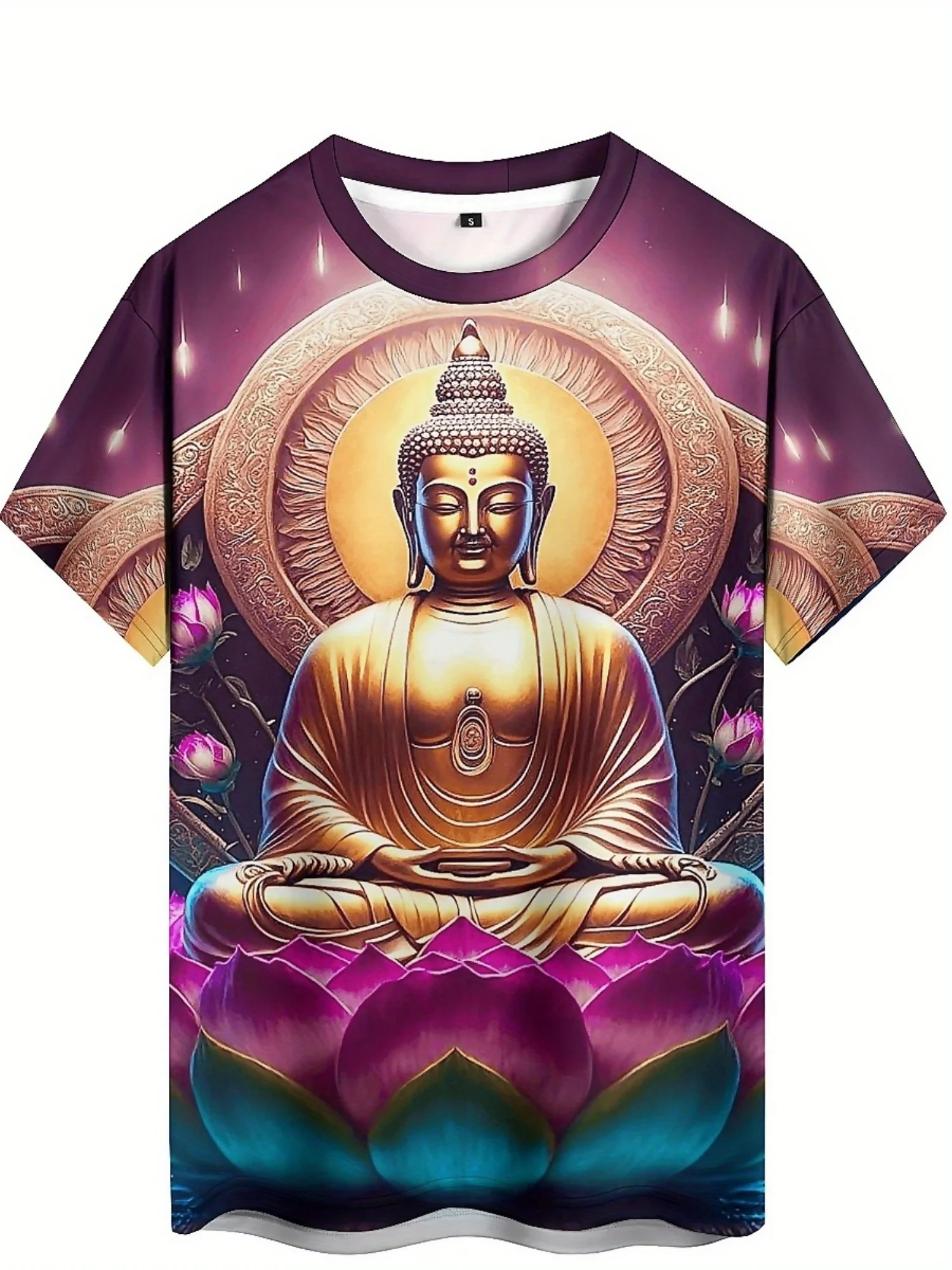 Men's Hip Hop Graphic T-Shirt - 3D Print Geometric Buddha Meditation Design, Oversized Loose Fit 100% Polyester