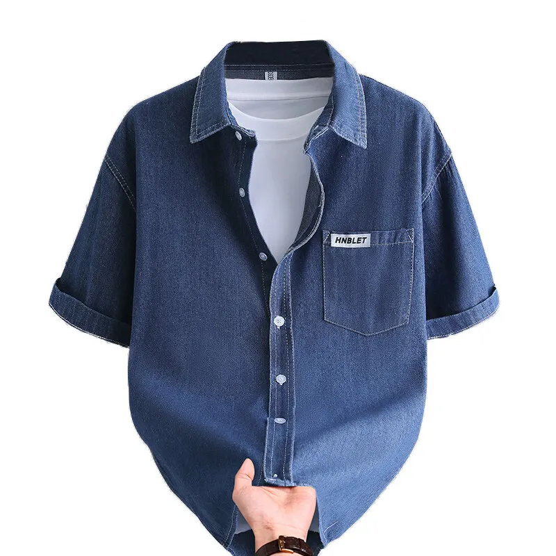 

Модная мужская однотонная джинсовая рубашка с мягким и дышащим воротником, повседневная рубашка с несколькими карманами и короткими рукавами, удобный мужской универсальный топ