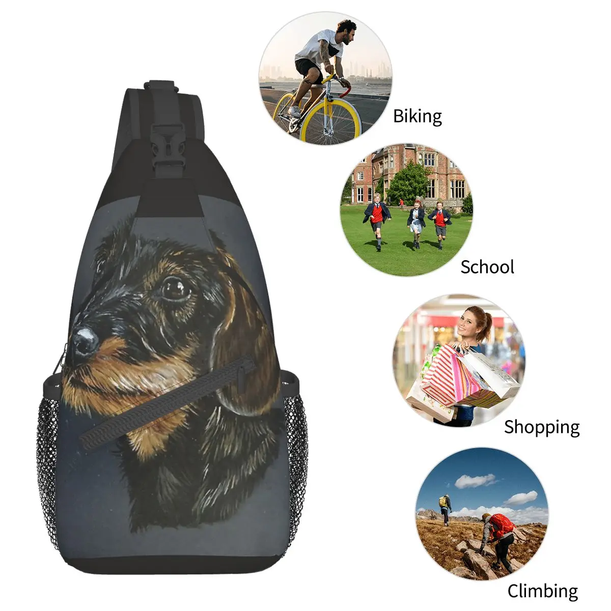 Teckel à poils durs, sac à bandoulière, petit sac de poitrine, sac à dos initié par les amoureux des chiens, sac de jour, cartable de sport