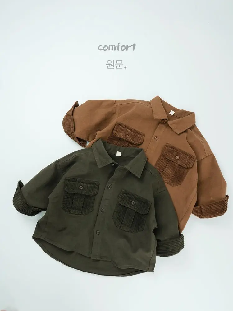 2024 Winter New Children Long Sleeve Pocket Shirts Solid Girls Thick Warm Coat Vintage Boys Lapel Corduroy Jacket Kids Clothes