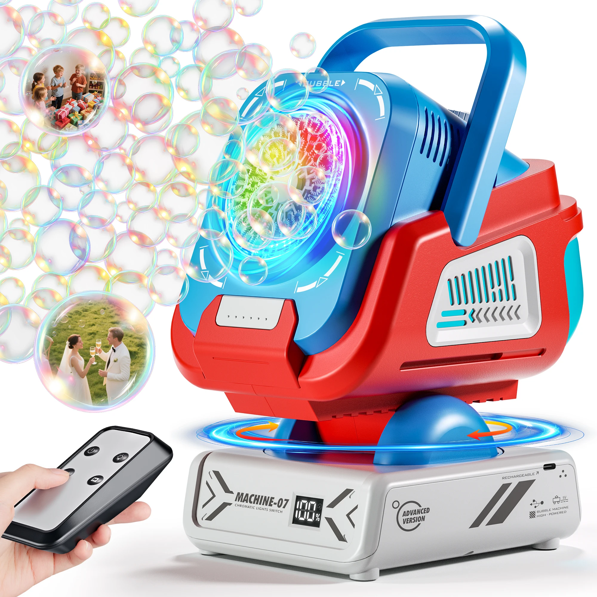 2025 Verbesserte Seifenblasenmaschine mit Fernbedienung, automatischer Drehung und RGB-Leuchten, 1800-mAh-Akku, Typ-C-Aufladung,