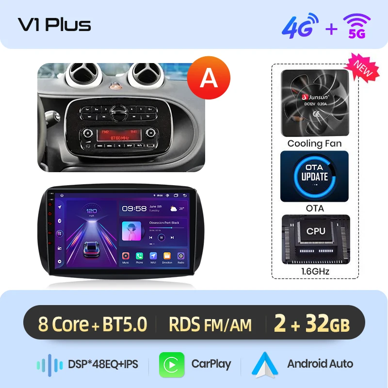 Junsun Draadloze CarPlay Android Auto Autoradio Voor Mercedes Benz Smart 453 Fortwo 2014-2020 Gps Multimedia 2 Din systemen Stereo