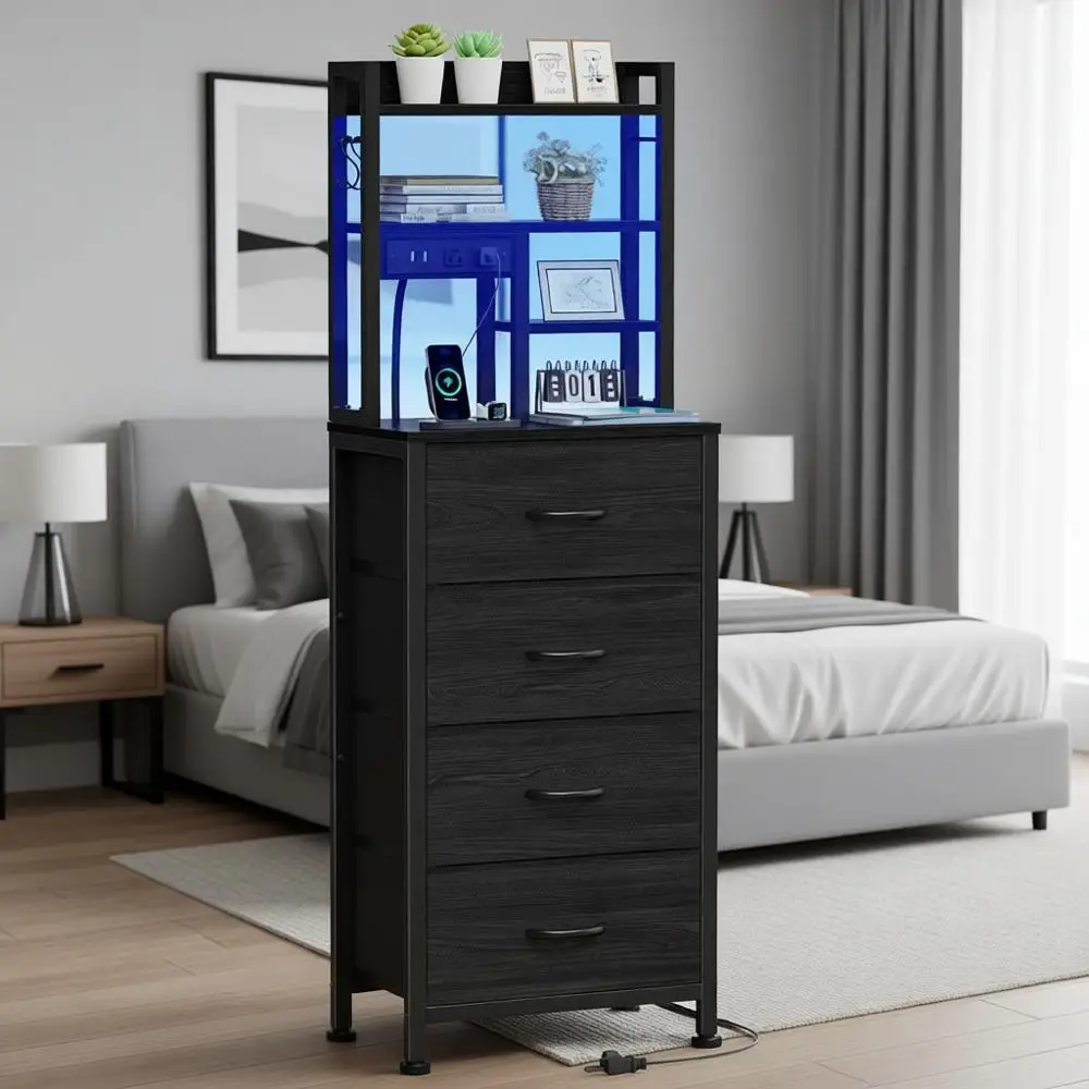 

Contemporary LED Nightstand with Charging Station, USB Ports, Fabric Drawers, and Tiered Storage for Bedroom, Dorm, or Office (B