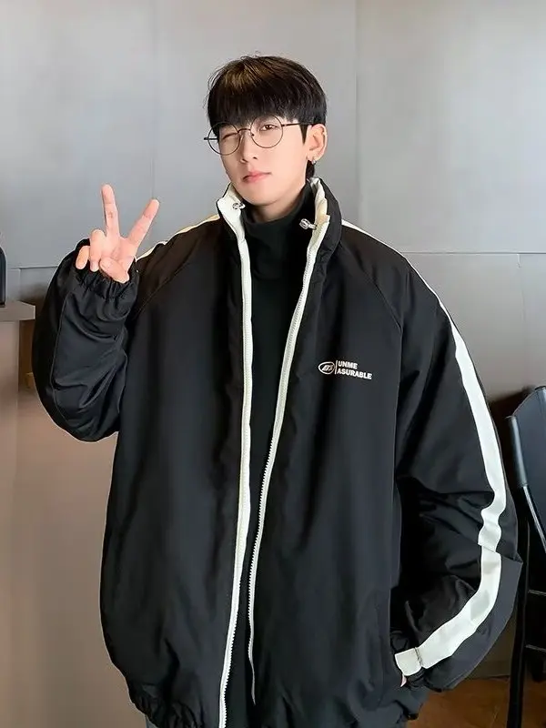 

Двусторонняя хлопковая куртка для мужчин, повседневная, с полосатыми вставками, воротником-стойкой, в бейсбольном стиле, утепленная, с длинными рукавами, на молнии