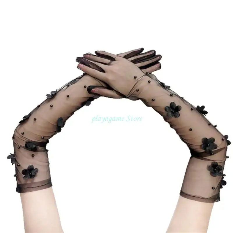 Y88A Gants fleurs dentelle extensible