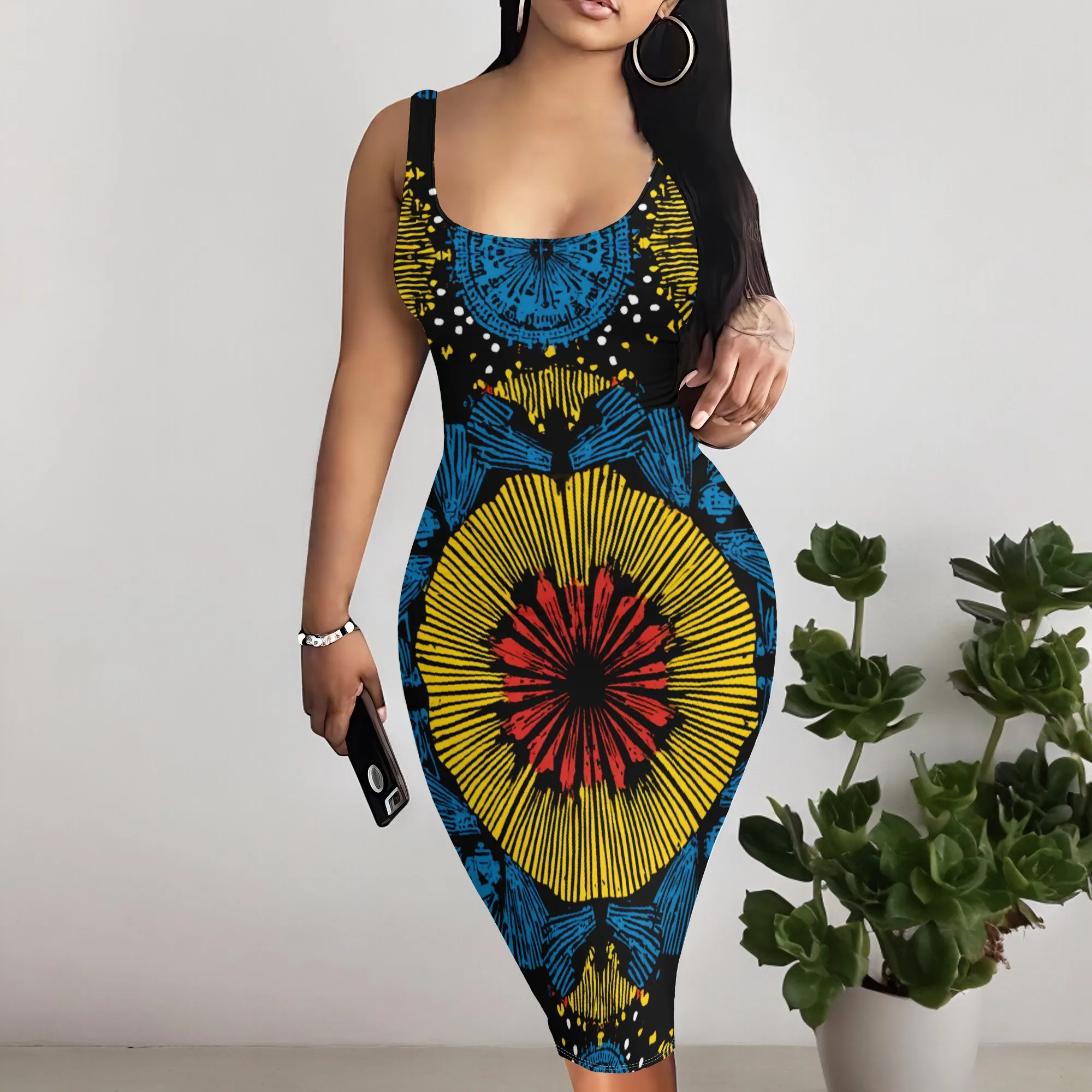 

Women's Bodycon Midi Dress Sleeveless Scoop Neck African Ethnic Print Fitted Party Cocktail Club Night Out Dress S-3XL