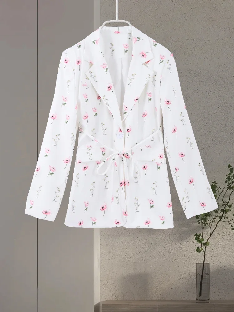 Trendy Womens Flower Printed Blazer Waist-Closed Turn-Down Collar Lace Up Lady Top 2025 Spring Summer Elagant Female Outwear