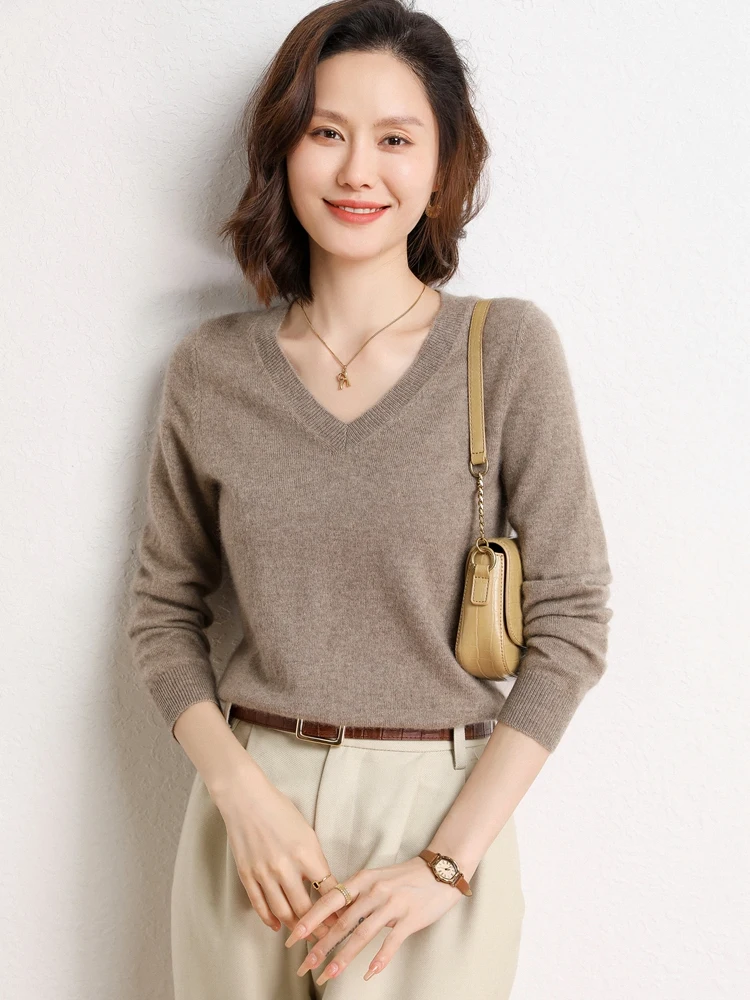 

Basic 100% Pure Cashmere Knitwear Pullover Sweater Autumn Winter V-neck Women's Long Sleeved Tops Thick Warm base Soft Clothes
