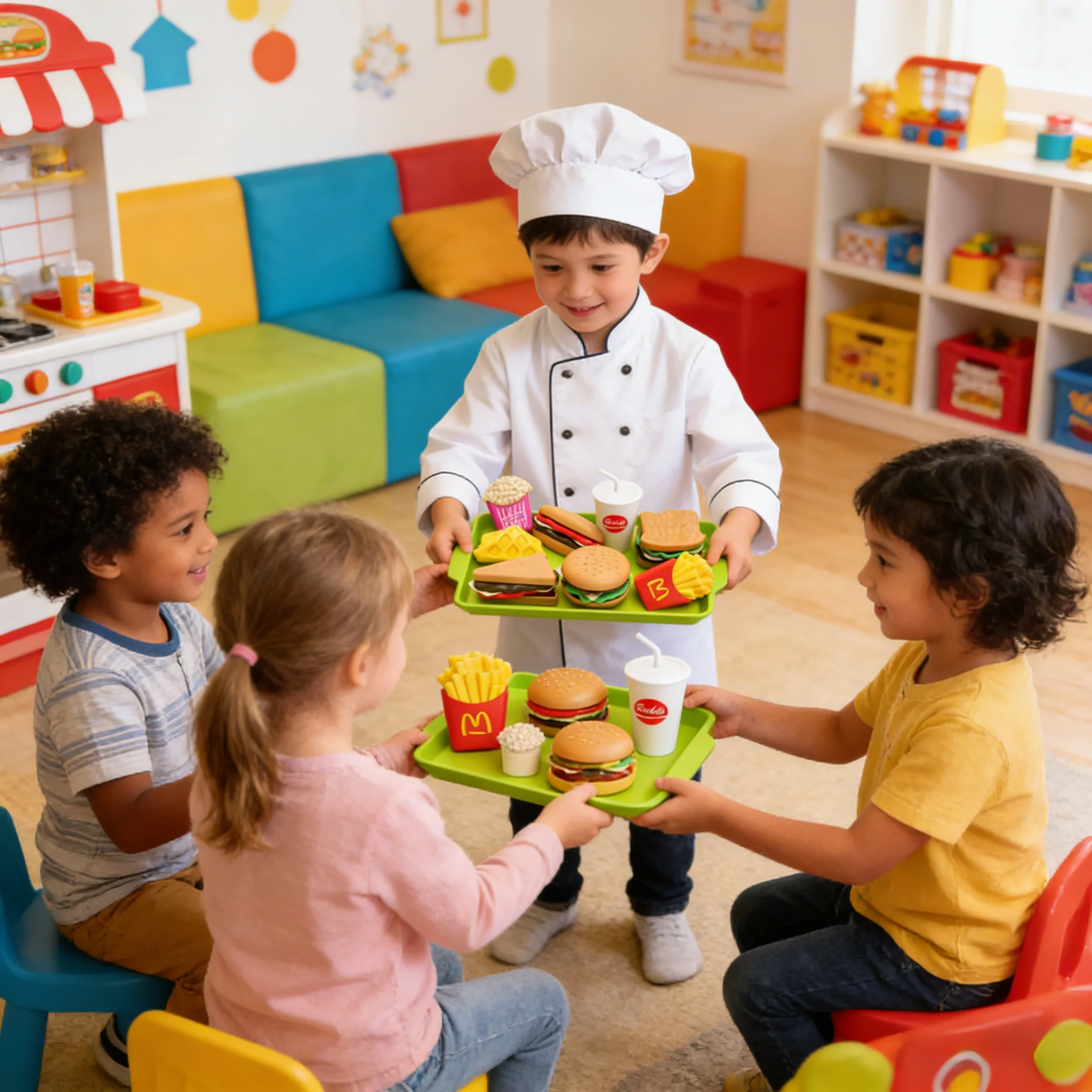 Zabawki do gotowania Montessori: Miniaturowy zestaw burgerów, kanapek i frytek, edukacyjna zabawka rozwijająca motorykę małą, prezent do zabawy w kuchnię dla dzieci.