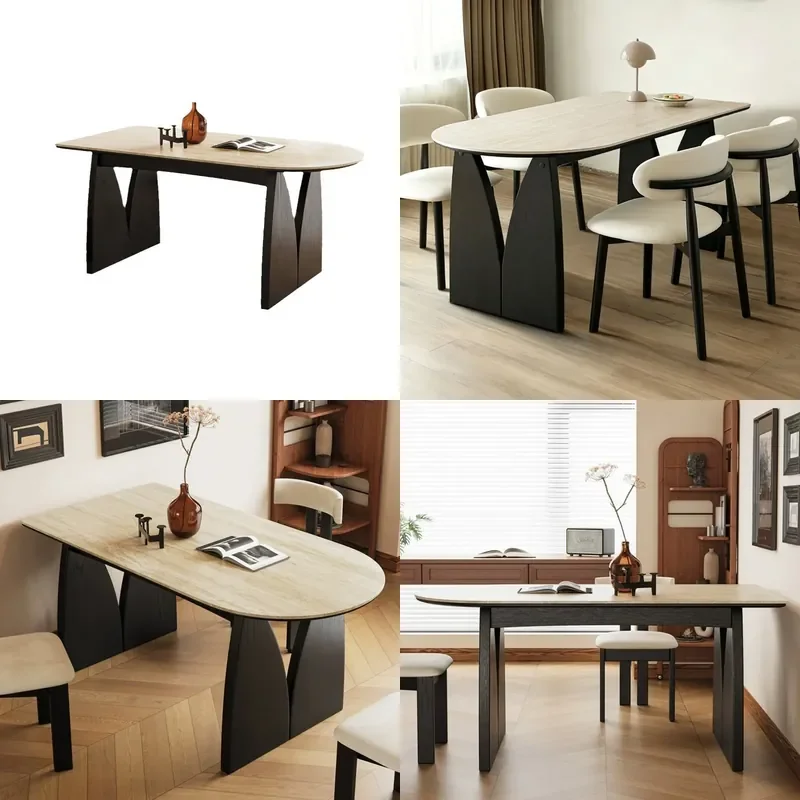 Italian Style Black Sintered Stone Dining Table Solid Wood Curved Base Modern Living Room Furniture Set for Home Use