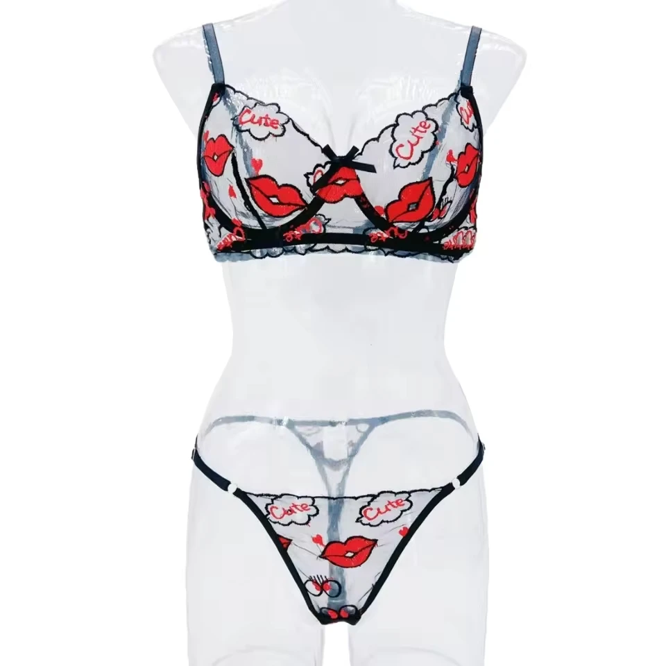

Western Valentine Red Lips Embroidery Bra Womens Erotic Seductive Underwears Clothing Womens Seductive Sexy Lingerie Set