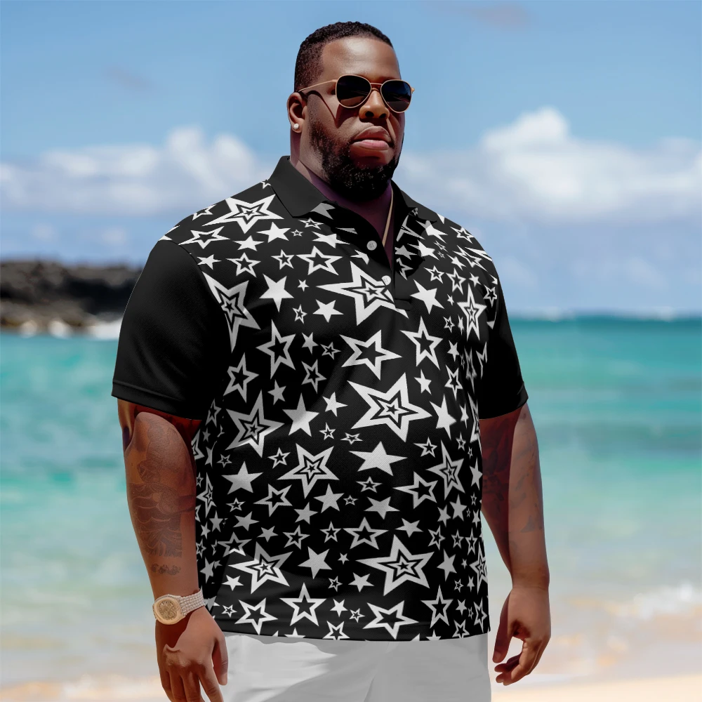 

Plus Size Men's Summer Short Sleeve Lapel Star Floral Print T-shirt Daily Casual Button Polo Shirt
