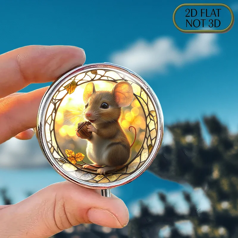 This Flat, Portable, Round Metal Pill Box Features Colorful Glass Mouse and Acorn Designs, Making It Perfect for Storing Your Vitamins and Medicines, and Adding a Touch of Charm to Your Daily Life. It Is an Ideal Choice for Summer Celebrations or Holiday Gift-Giving.