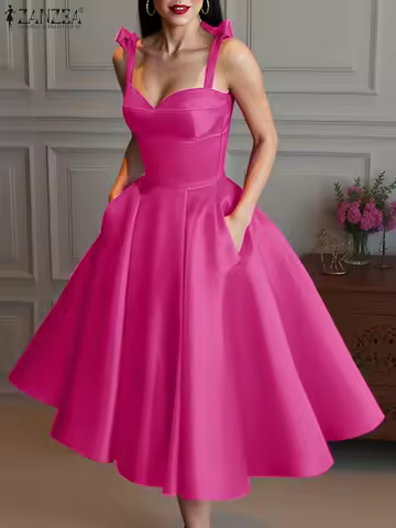 ZANZEA Women Evening Dress Elegant Spaghetti Strap Mid-Calf Party Dress Summer 2025 Retro Square Collar Sleeveless Vestidos Robe