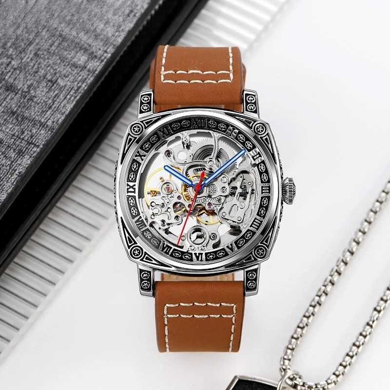 

Square Skeleton Automatic Watch: Engraved Luminous Waterproof Mechanical Movement for Men