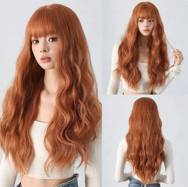 

Copper Wigs Ginger Red Brown Long Fluffy Wavy Synthetic Wigs with Bangs Cosplay Hair Wig for Women Daily Natural Heat Resistant