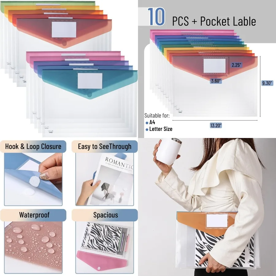 

Прозрачные пластиковые конверты, 10 упаковок, размер буквы А4, красочные прозрачные папки для организации документов, идеально подходят для офиса, школы и