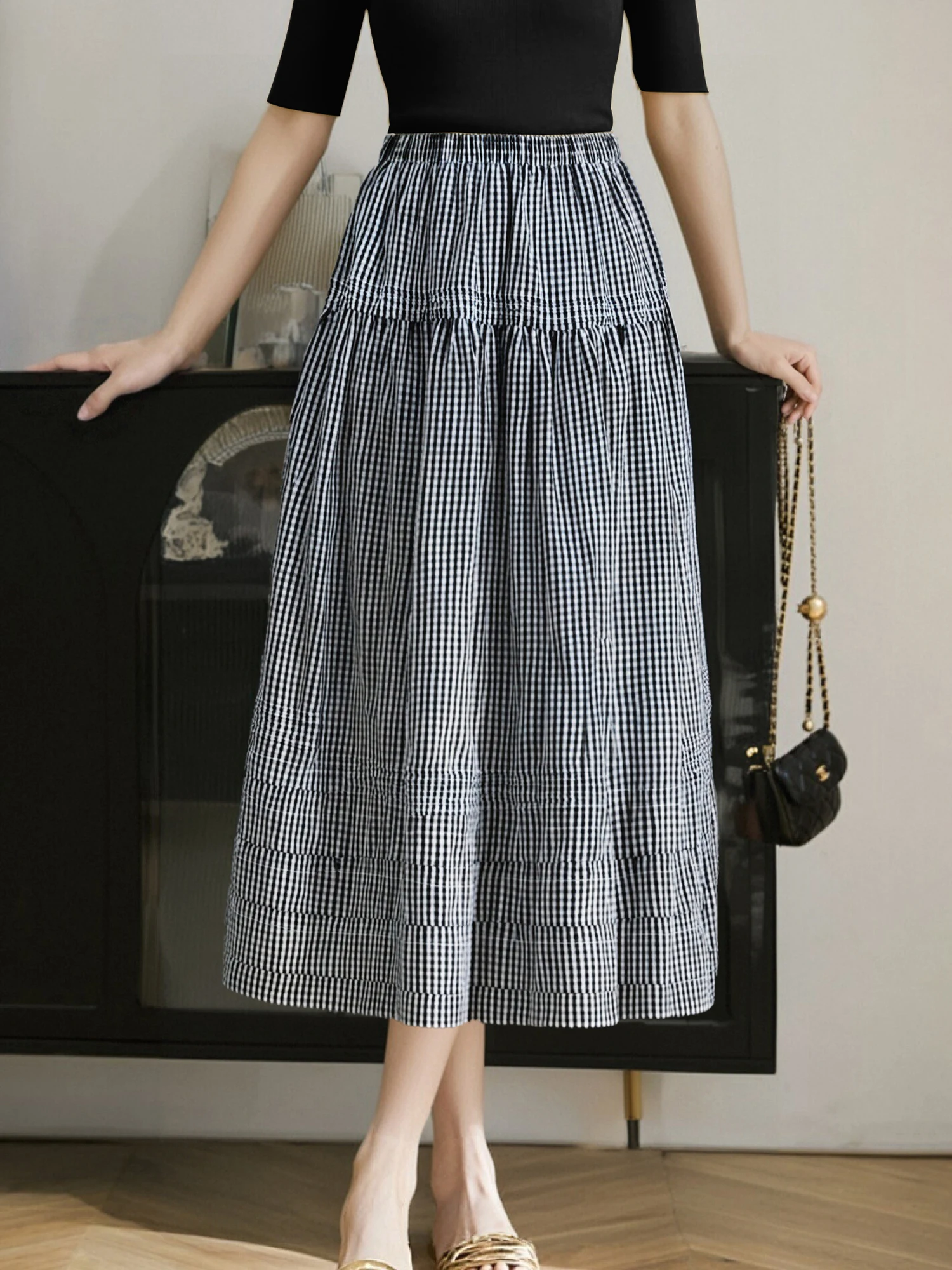 

High Waist A-Line Midi Plaid Skirt Women's Premium Folded Cotton f-length Skirt Autumn New Arrival Casual Sle