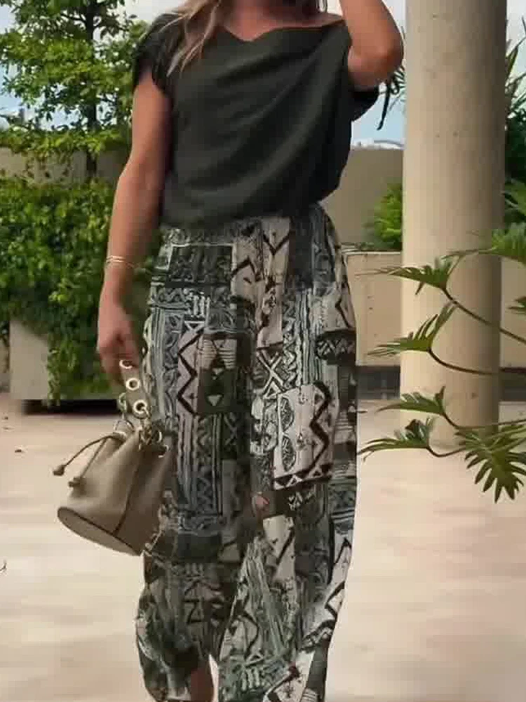 Zomer Dame Nieuwe Losse Geplooide Vakantie Outfits Sexy Slash Kraag Tops & Gedrukt Broek Sets Casual Dames Pendelen Tweedelige sets