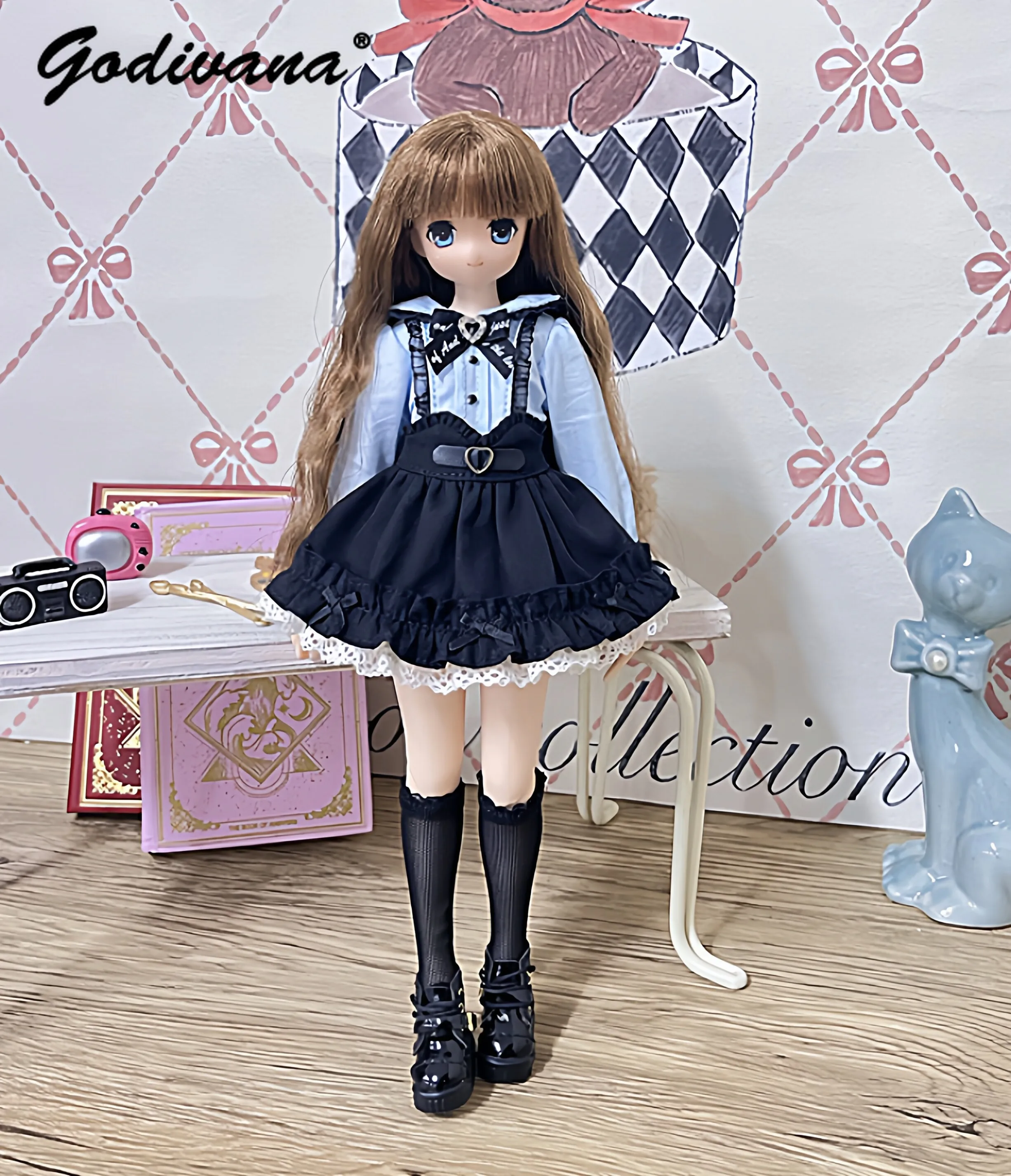 Azone Blythe Ob24 Japanese Sweet Gothic Dark Doll 3Pcs Set Puff Sleeve Lace Blouse and Ruffle Skirt Socks Kawaii Doll Clothes