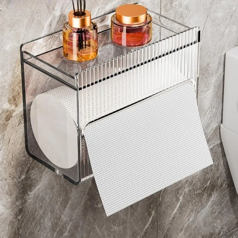 Clear Acrylic Wall Mount Toilet Paper Holder With Top Phone Storage Shelf Bathroom Tissue Rack Organizer